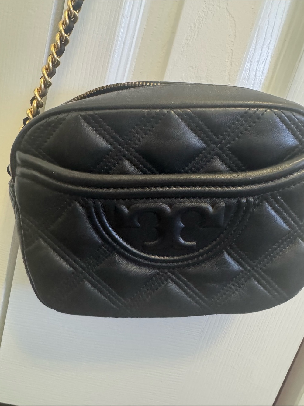 Tory Burch Black Quilted Leather Crossbody with Gold Chain